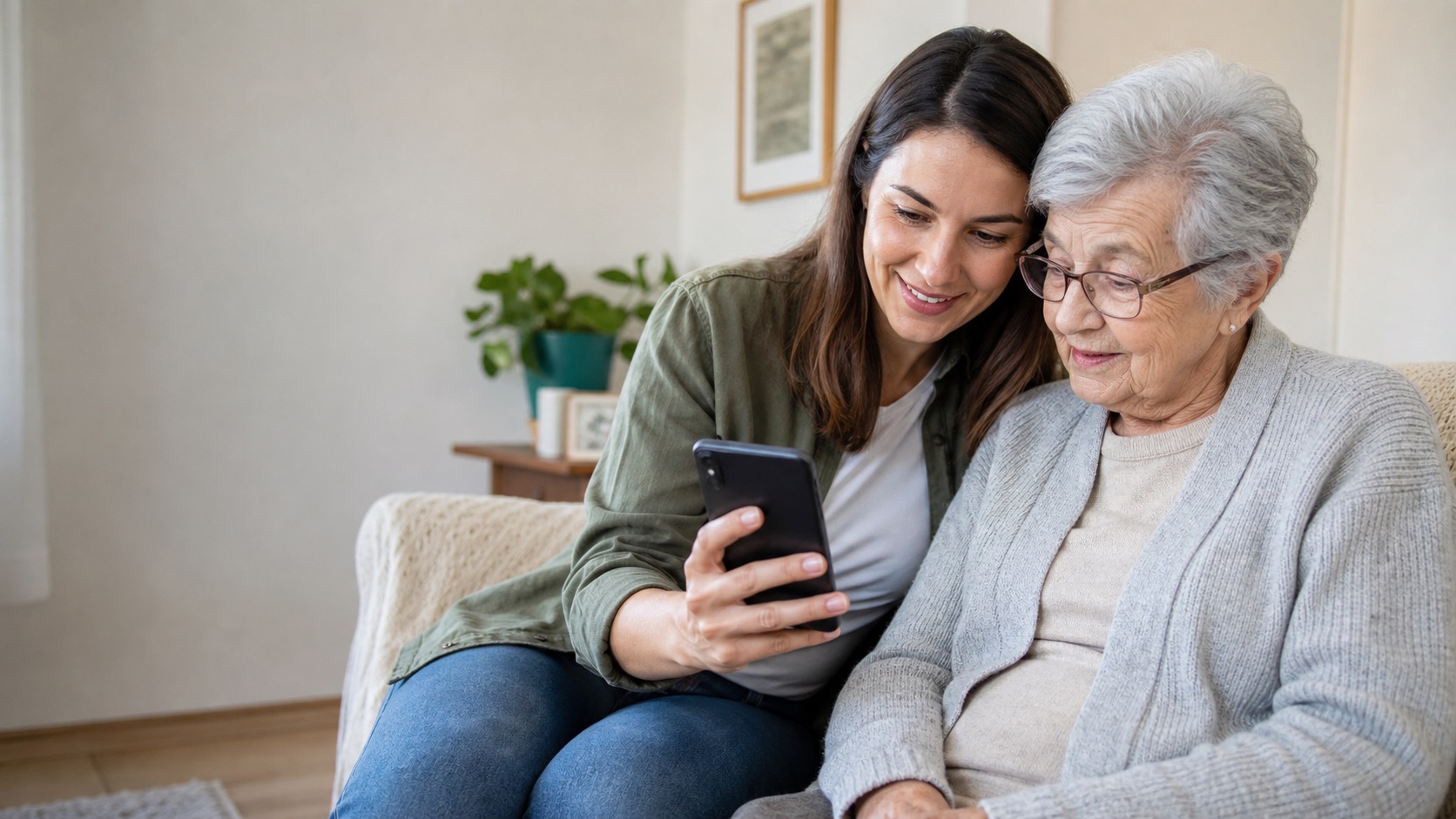 Eine ältere Frau lächelt zufrieden, während sie ihr Smartphone bedient